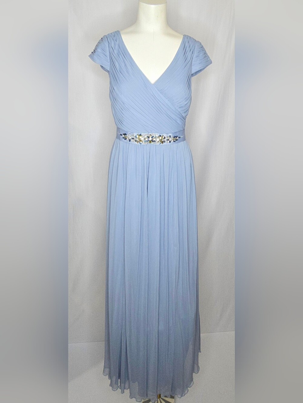 Adrianna Papell Blue Chiffonin Wedding Guest Dress Embellished Waist Size 6 NWOT